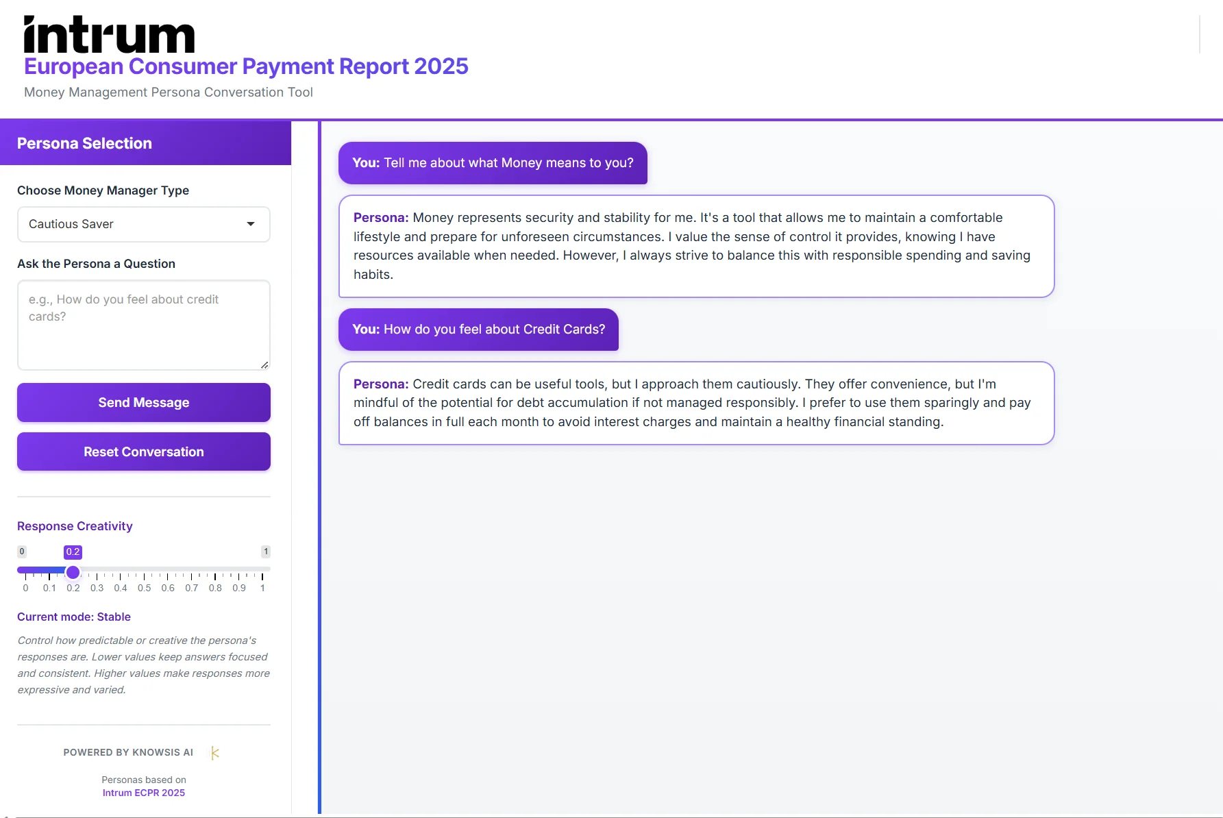 Intrum Persona Engine - Money Management Persona Conversation Tool showing a dialogue with the Cautious Saver persona